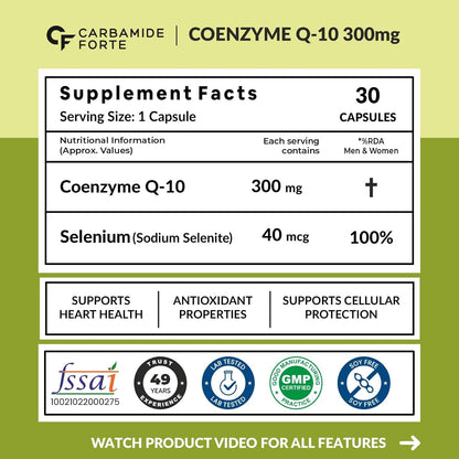 Supplement label for Coenzyme Q-10 300mg with Carbamide Forte branding on a green background.