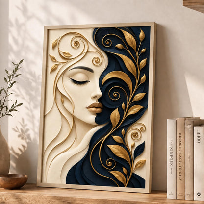 Framed Laminated Wall Art, Luxury Abstract Woman Portrait, 3D Effect Decorative Art Print for Living Room and Bedroom, Set of 1