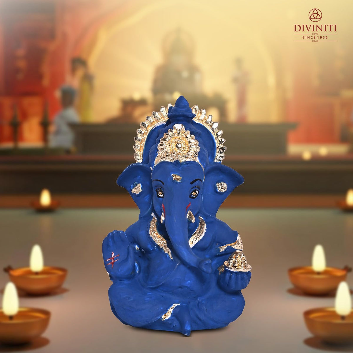Gold Plated Ganesh Idol for Office Desk Puja Room Figurine Small Ganesha Murti Ganpati Idol for Home Decor Puja Lord Ganesh Statue Gift 3.5 Inches (8.89 x 5.08 cm) (Blue), Resin, Religious