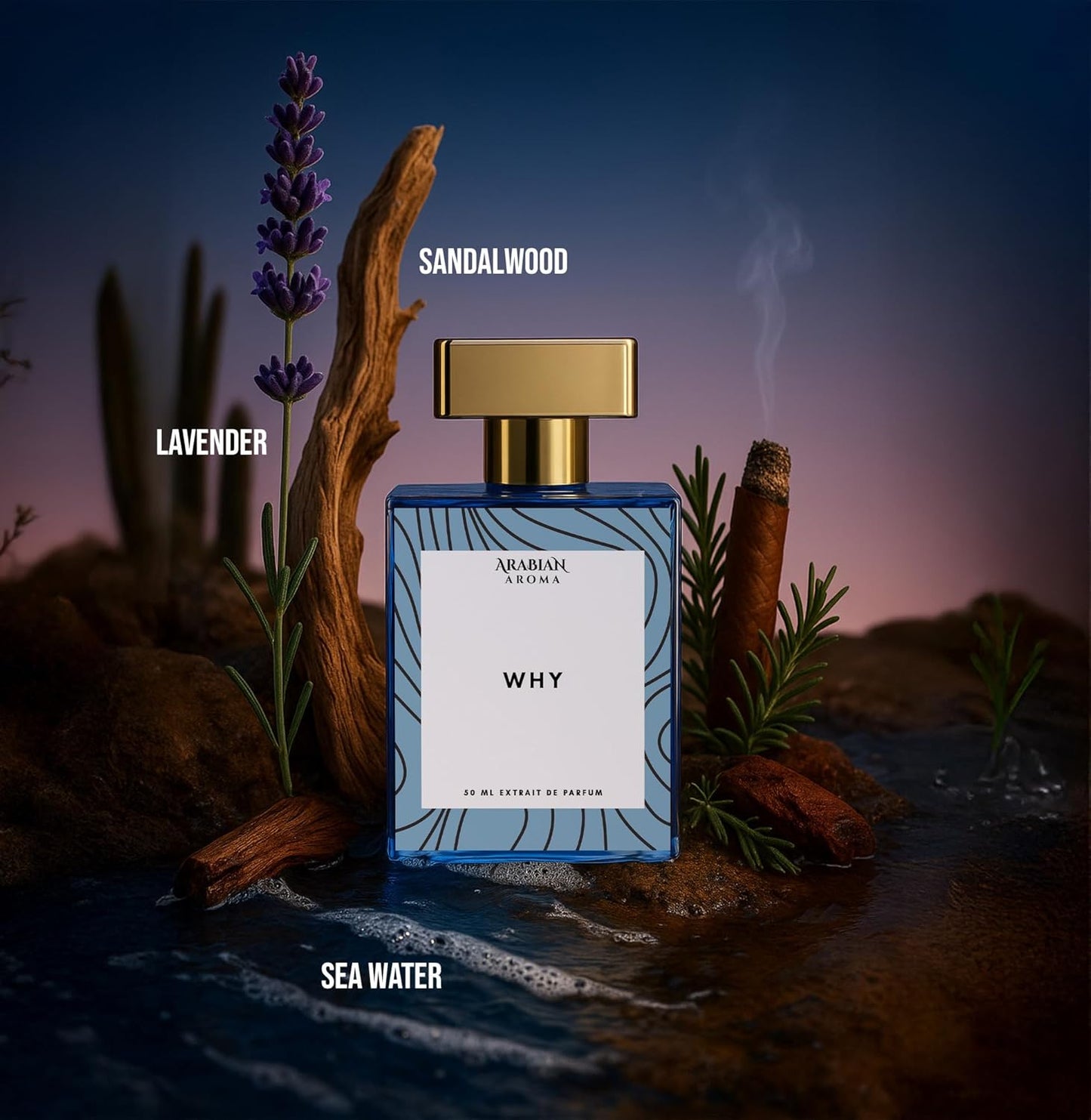 Perfume bottle labeled 'Why' by Arabian Nights with sandalwood, lavender, and sea water elements.