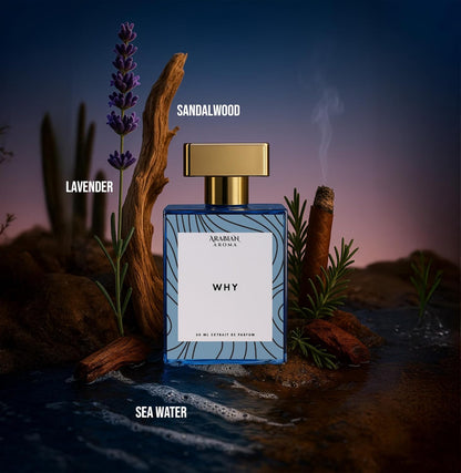 Perfume bottle labeled 'Why' by Arabian Nights with sandalwood, lavender, and sea water elements.