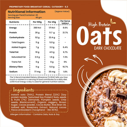 Health Ninja Dark Chocolate Oats | High Protein Breakfast Oats | Protein Oats 900 gm Pack