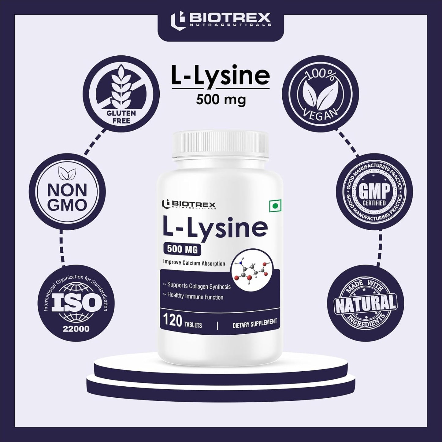 Biotrex Nutraceuticals L-Lysine 500mg | Supports Muscle Growth & Healing | Improve Calcium Absorption & Bone Health | Boost Immunity | L-Lysine Amino Acid | 120 Tablets