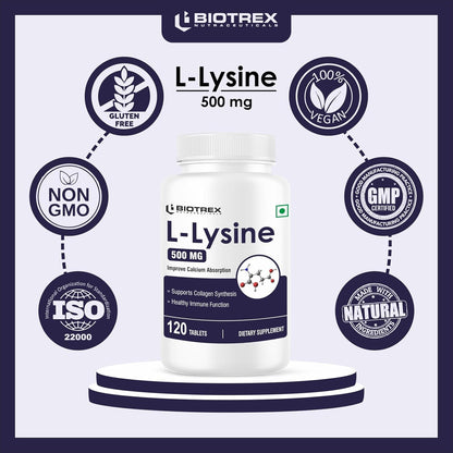 Biotrex Nutraceuticals L-Lysine 500mg | Supports Muscle Growth & Healing | Improve Calcium Absorption & Bone Health | Boost Immunity | L-Lysine Amino Acid | 120 Tablets