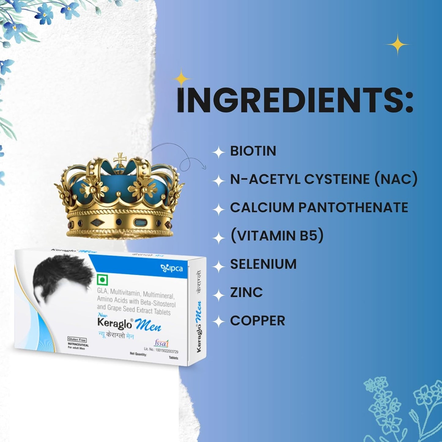 Keraglo Men Hair Nourishment Tablets (15 Tablets x 3 Strips) – With Amino Acids, Antioxidants, Vitamins & Herbal Extracts – Supports Scalp Health & Hair Strength – Dietary Supplement