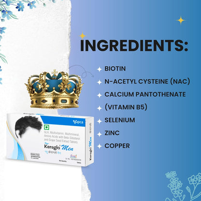 Keraglo Men Hair Nourishment Tablets (15 Tablets x 3 Strips) – With Amino Acids, Antioxidants, Vitamins & Herbal Extracts – Supports Scalp Health & Hair Strength – Dietary Supplement