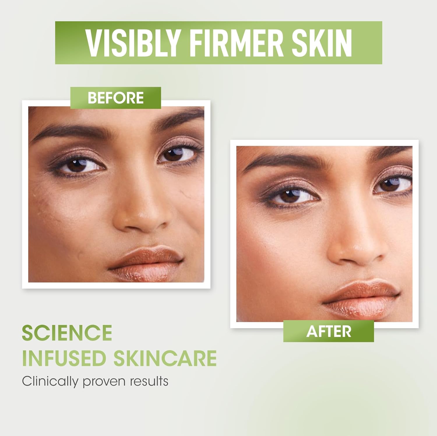 Before and after comparison of visibly firmer skin with science-infused skincare.