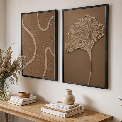 Ginkgo Leaf Wall Painting Set of 2 with Frame | Minimal Brown Beige Botanical & Abstract Line Texture Artwork, Modern Neutral Wall Decor for Living Room, Bedroom, Office and Home Decoration (Art-11, 10x13inch)