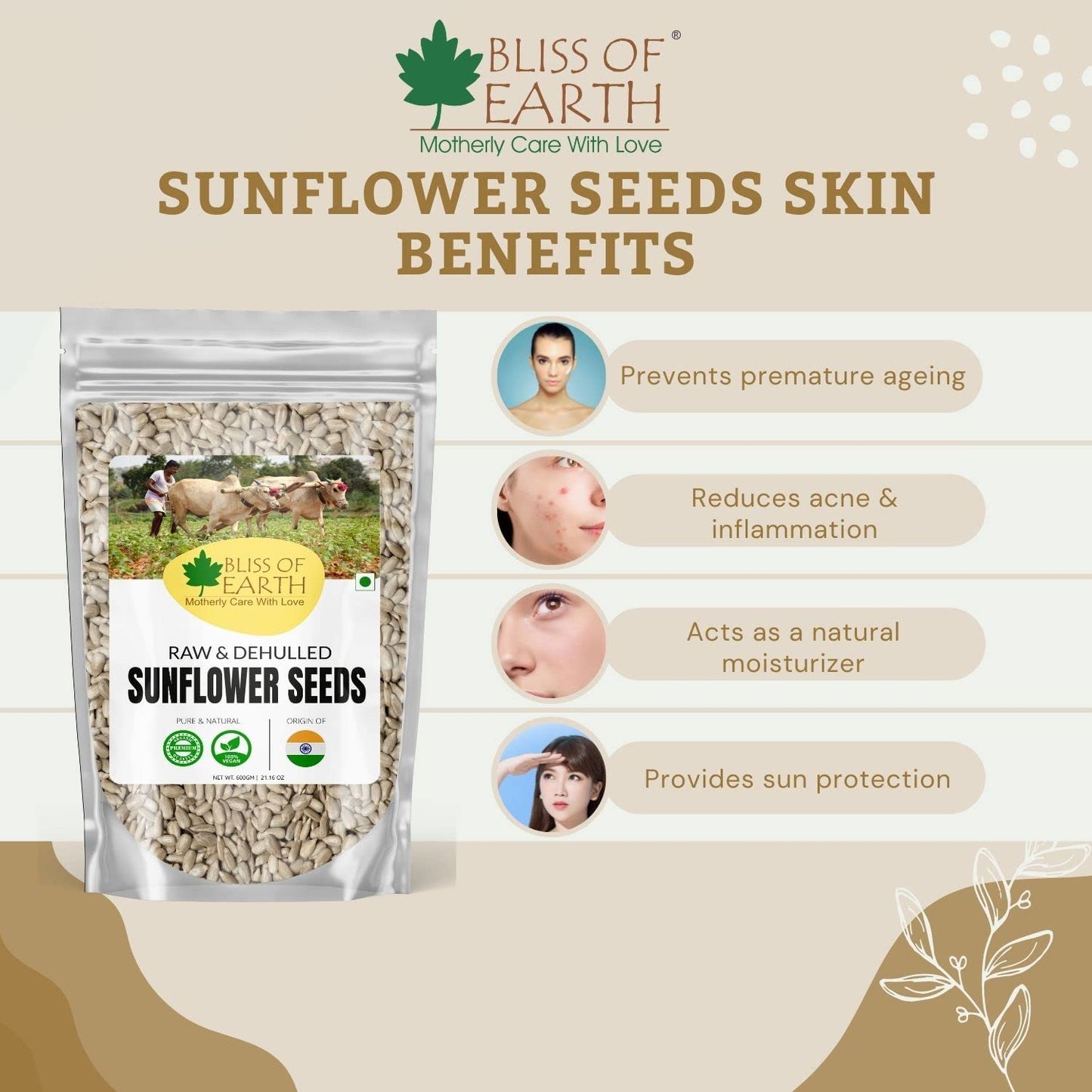 Bliss of Earth Sunflower Seeds- Dehulled Sunflower Seeds for Eating - Natural & Organic Superfood for Snacking - Rich in Fibre & Protein - for Skin & Hair - 600gm