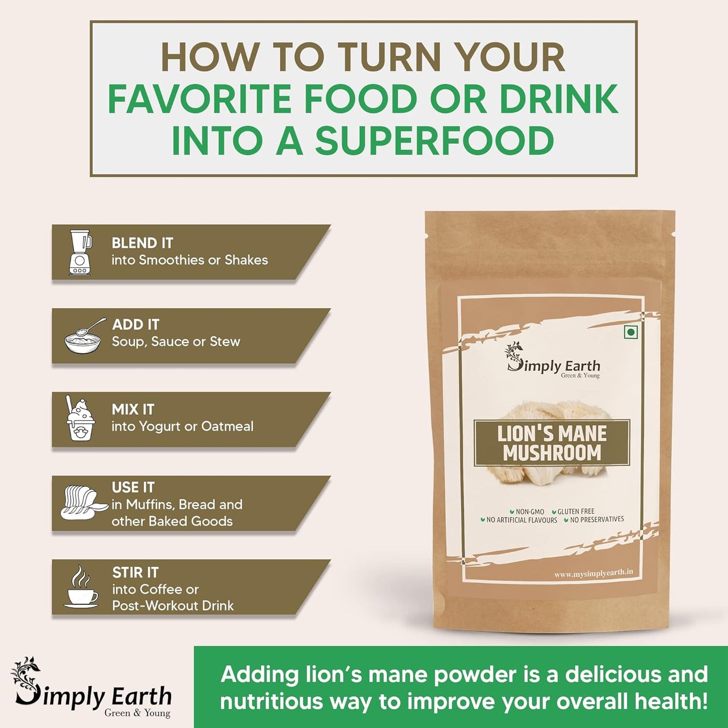 Simply earth Lion's Mane Mushroom Extract Powder 10:1, Improves Memory, Focus, Clarity | 60gm