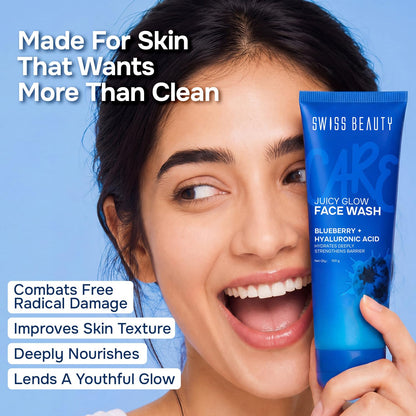 Swiss Beauty Care Juicy Glow Face Wash | Blueberry + Hyaluronic Acid| Removes Dirt & Grime | Improves Skin Texture | Deeply Nourishes | Gently Exfoliates - 100g