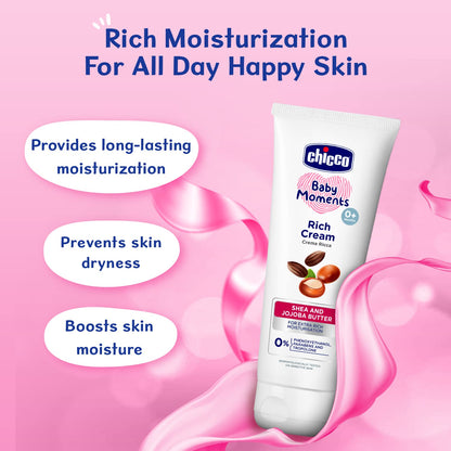 Chicco Baby Moments Rich Cream for Newborn Babies with Shea & Jojoba Butter, 100g| Rich Moisturization and Dryness Prevention |Dermatologically Tested |Phenoxyethanol, Parabens & Lauryl sulphates free