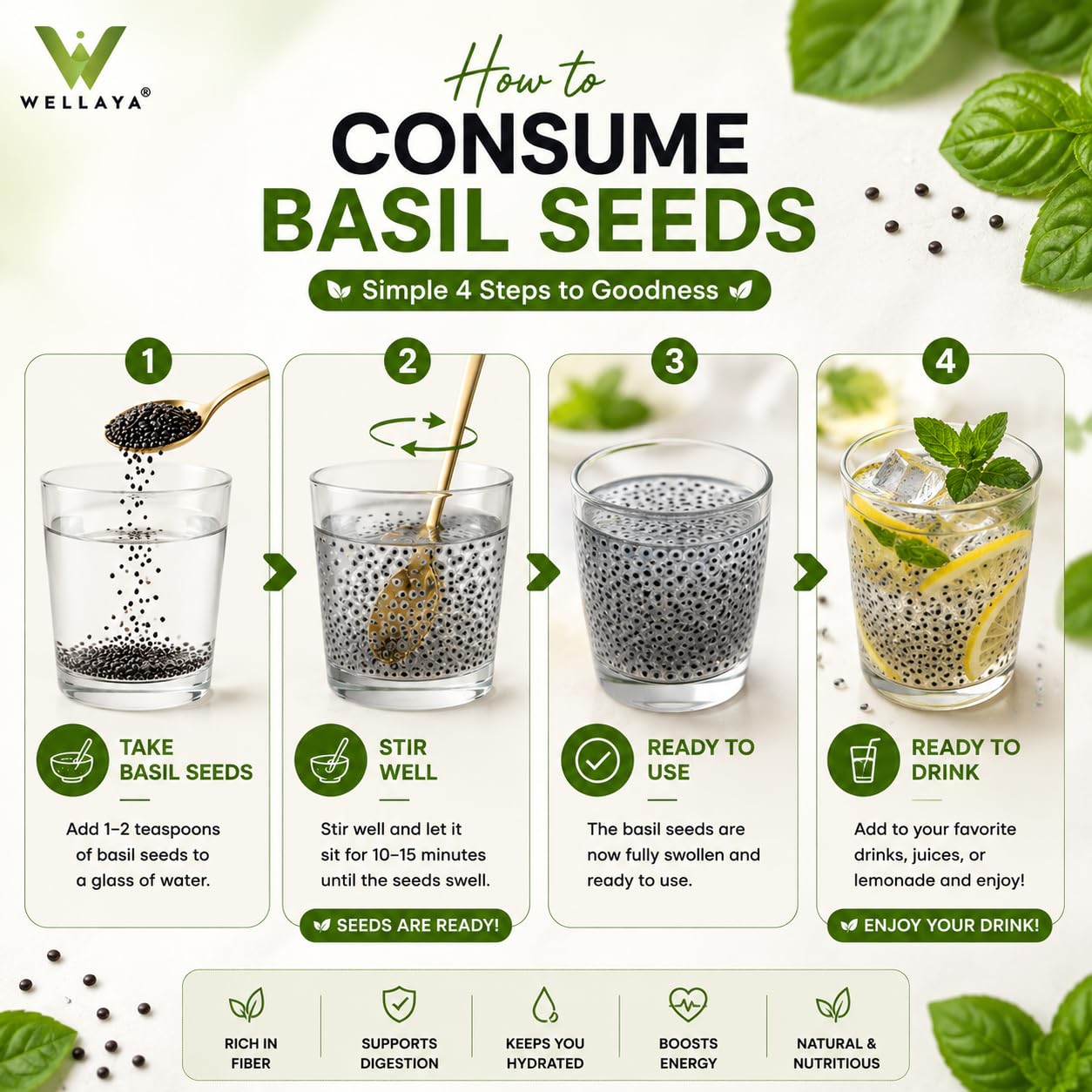 WELLAYA Basil Seeds - 350gm | High Fibre Tukmaria Seeds for Eating | Sabja Seed | Weight Management