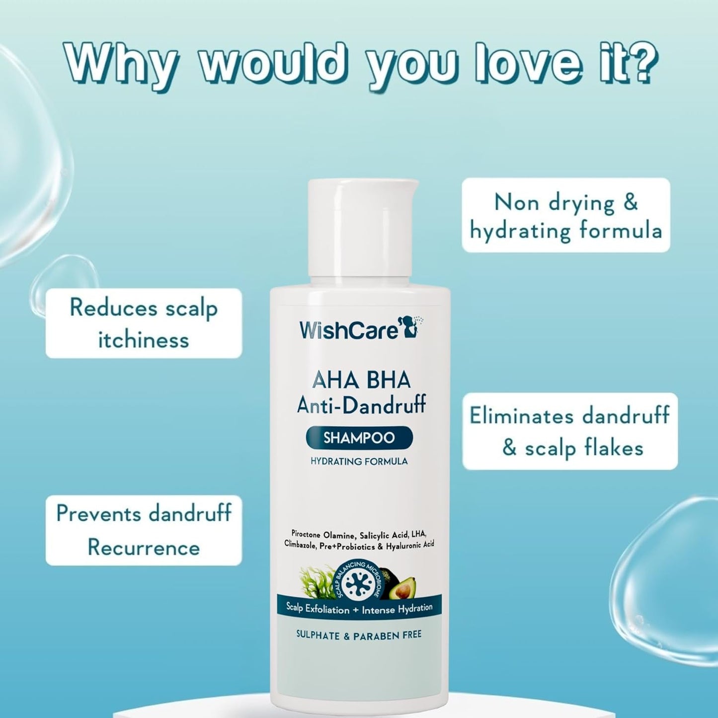 WishCare AHA BHA Anti-Dandruff Shampoo bottle with product features on a blue background