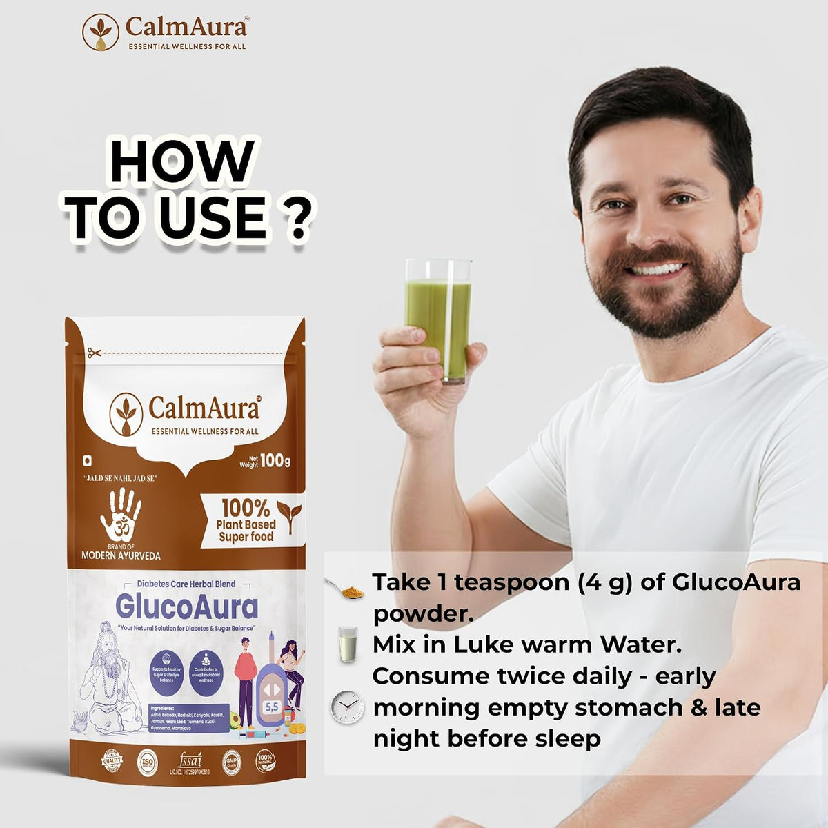 CalmAura GlucoAura Ayurvedic Herbal Wellness Powder 100g | Plant Based Sugar Balance Supplement | Supports Healthy Metabolism, Detox, Digestive Wellness & Daily Vitality | 100% Natural Herbal Formula | Vegan