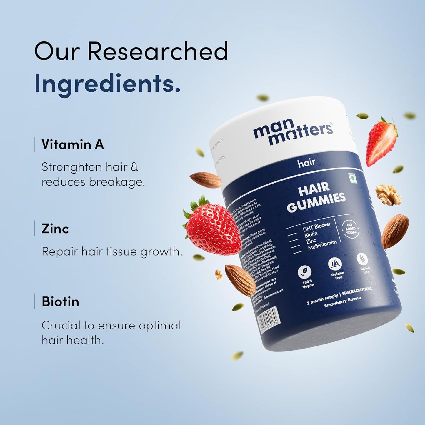 Man Matters Biotin Hair Gummies (60N) | No Added Sugar | With Biotin, DHT Blockers, Vitamin A, C, E, Fibre & Zinc | For Stronger and Healthier Hair | 100% Veg & Gut Friendly