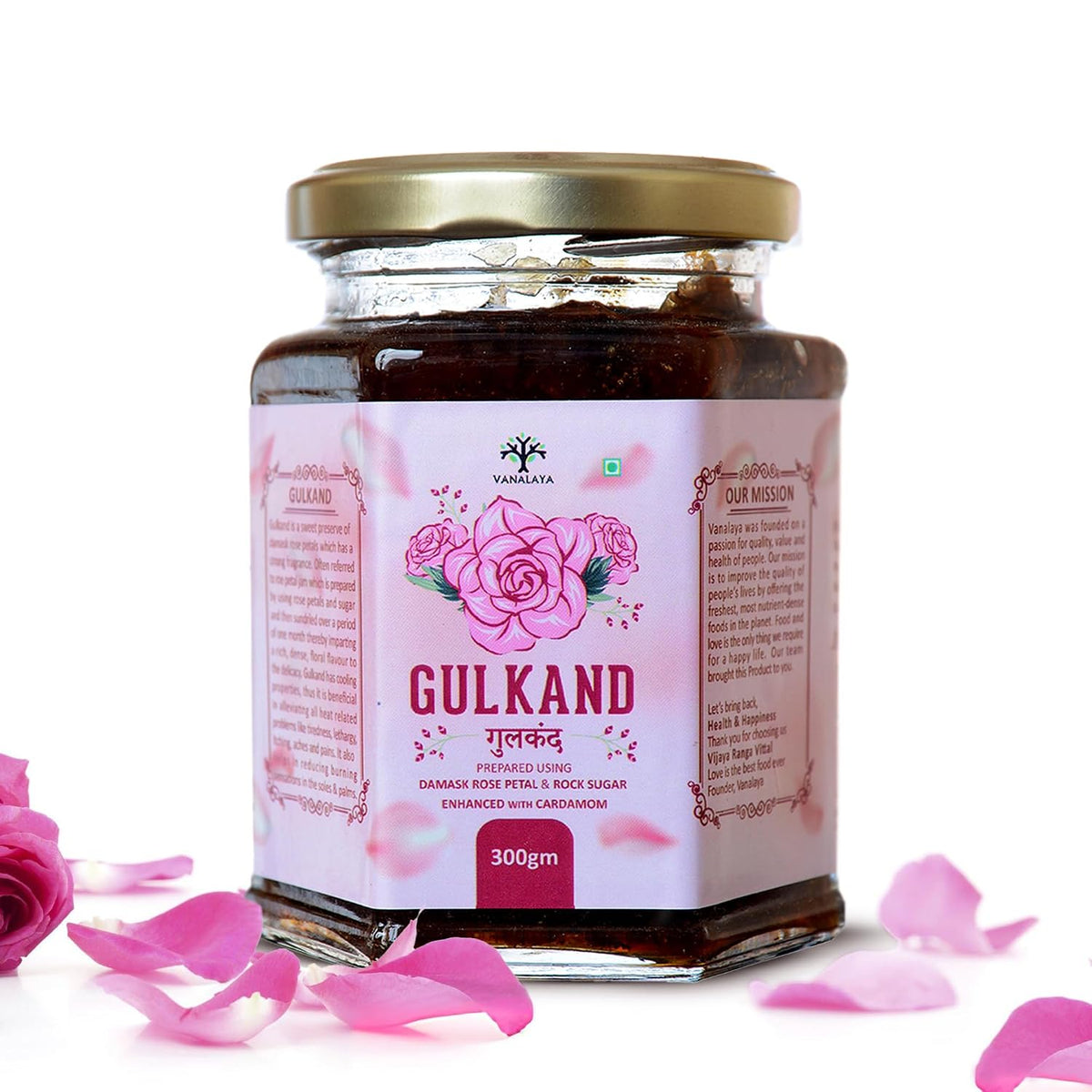 VANALAYA Natural Gulkand Rose Petal Jam - Traditional Ayurvedic Sun-Cooked Damask Rose with Cardamom - Natural Rose Gulkand 300g