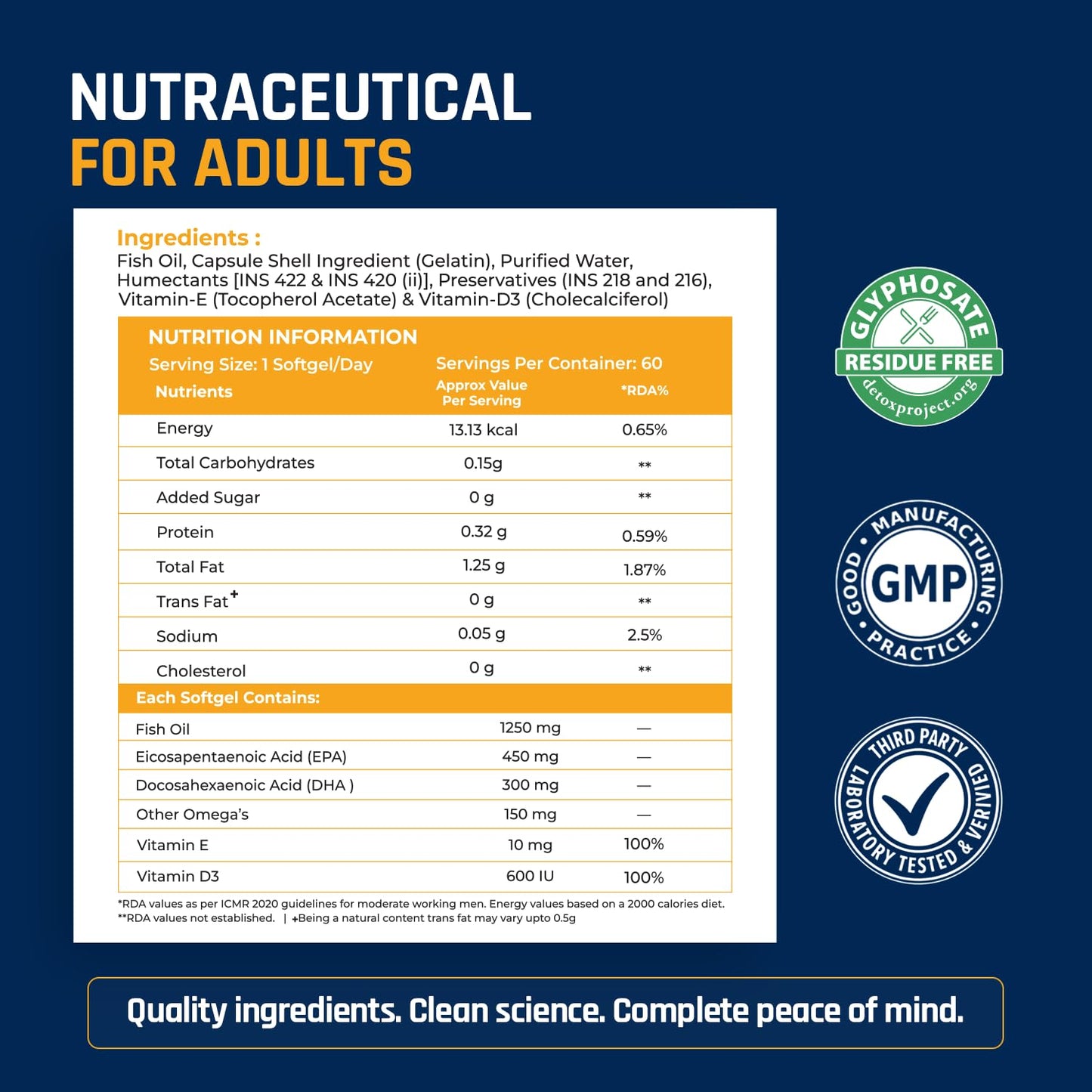 NATURALTEIN Ultimate Omega-3 plus Fish Oil 1250mg Triple Strength Softgel Capsules with vitamin D3 and E | 450mg EPA & 300mg DHA in Triglyceride Form for Better Absorption | Heart, Brain, Eye | 60 Softgel Capsules | 60-Day Supply