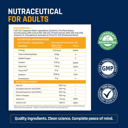 NATURALTEIN Ultimate Omega-3 plus Fish Oil 1250mg Triple Strength Softgel Capsules with vitamin D3 and E | 450mg EPA & 300mg DHA in Triglyceride Form for Better Absorption | Heart, Brain, Eye | 60 Softgel Capsules | 60-Day Supply