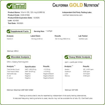 California Gold Nutrition supplement label with test results and certification details.