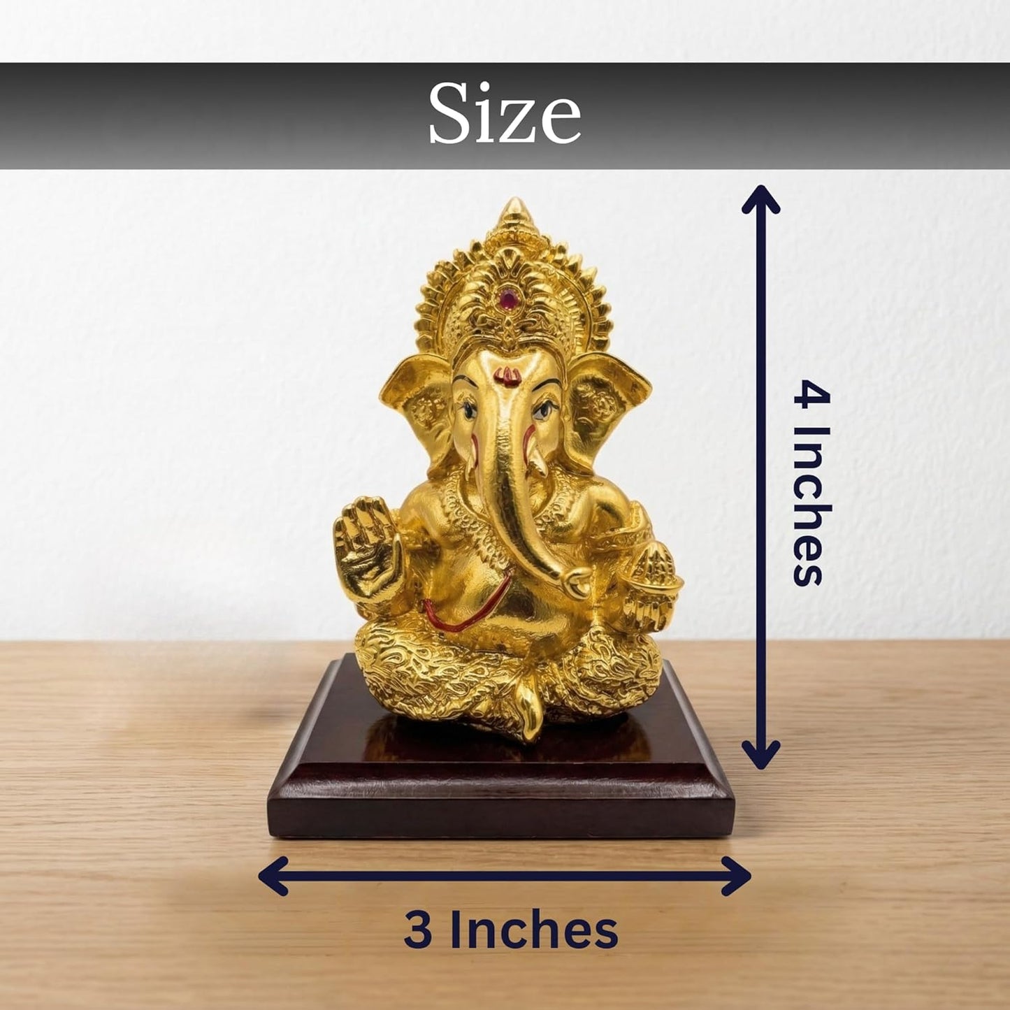 Dev Aastha 24K Gold Plated Ganesha Idol - 4 Inch Divine Seated Ganpati Statue on Premium Wooden Base - Auspicious Vastu Home Decor and Spiritual Gift with Anti-Tarnish Finish