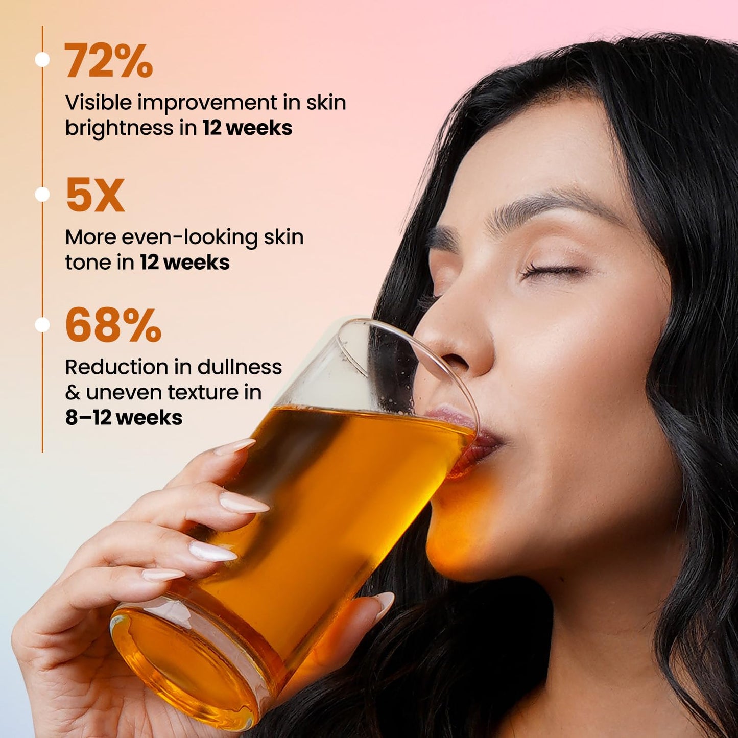 Woman drinking a glass of juice with skin improvement statistics on a pink background