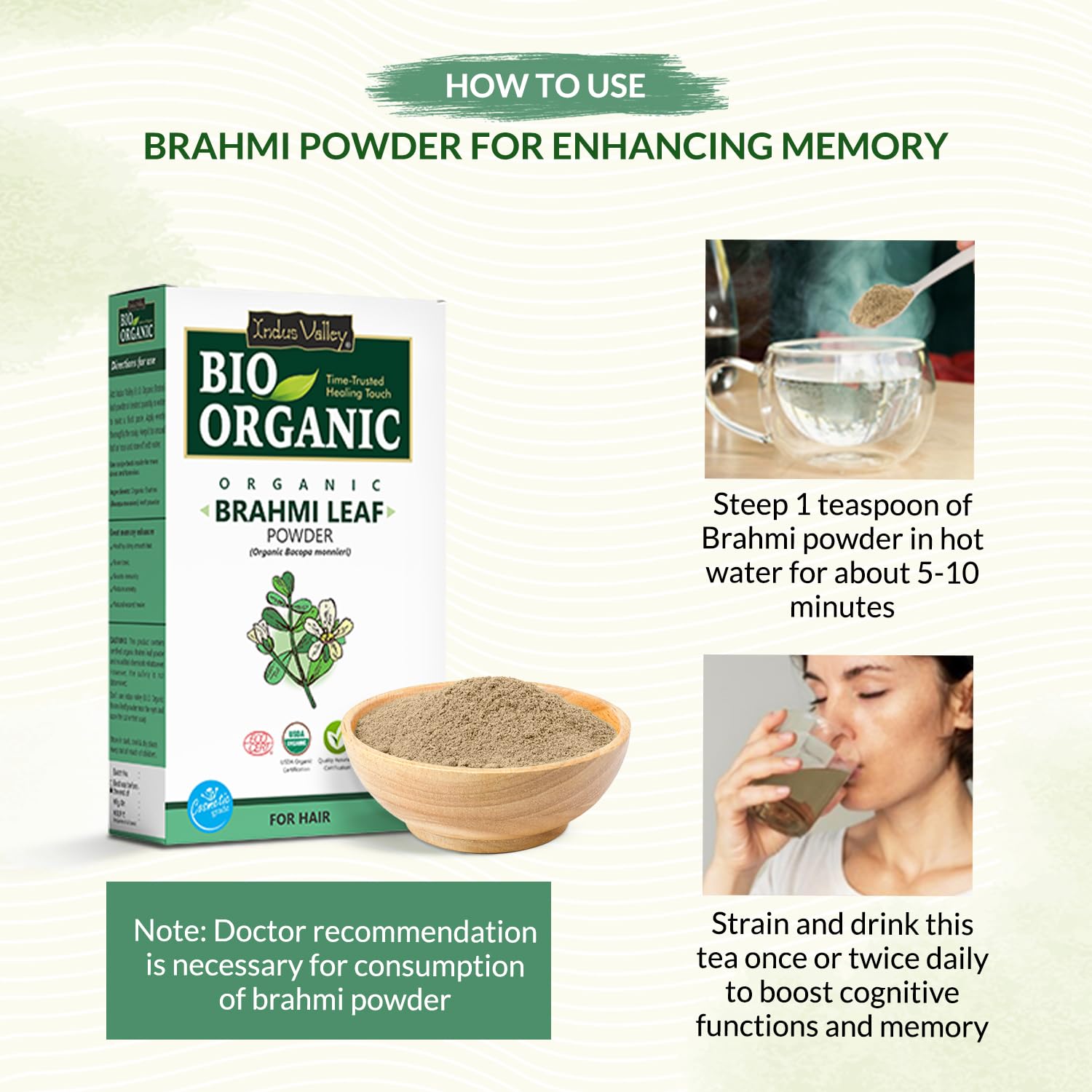 Brahmi powder packaging with usage instructions on a white background