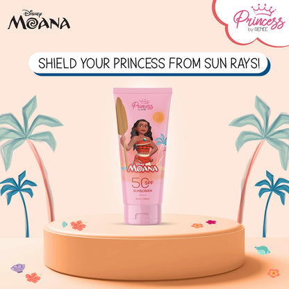 Tube of sunscreen with Moana design on a platform with palm trees and flowers, Disney Moana branding visible.