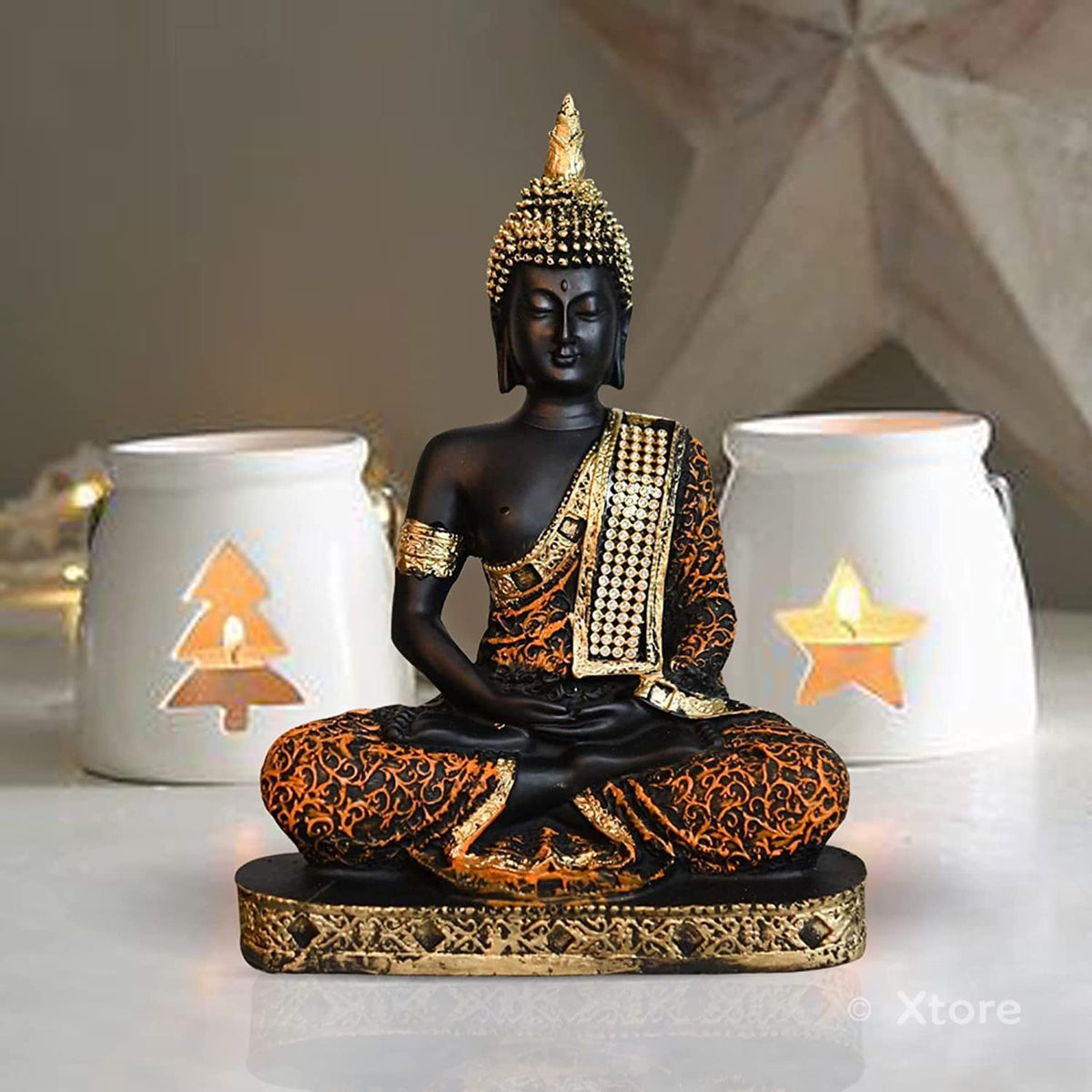 Meditating Buddha Idol for Home | Adds Soothing Effects and Spreads Positive Vibes (Pack of 1, Orange & Black)