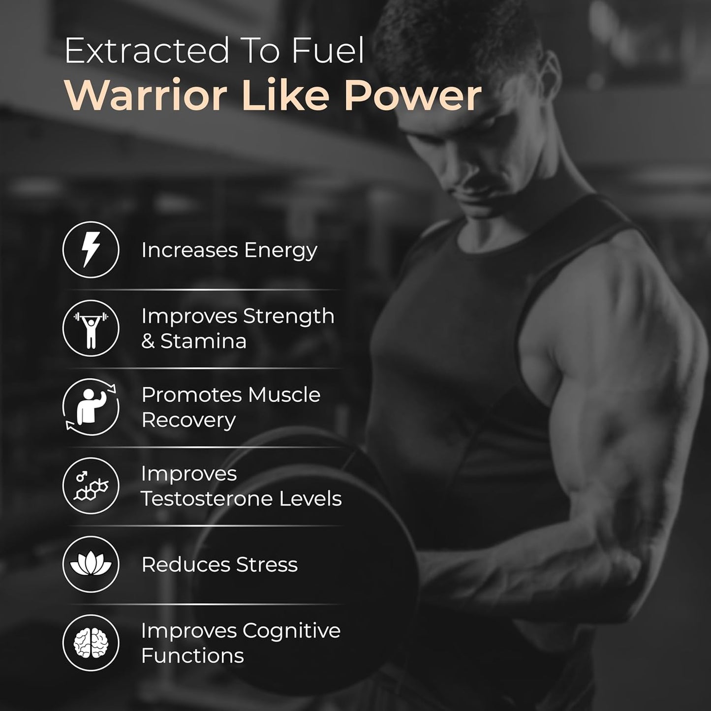Man lifting weights with text about product benefits on a dark background