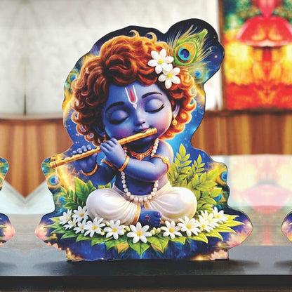 Wooden Bal Krishna Playing Flute | Spiritual Tabletop Showpiece for Home, Office Desk, Temple, Living Room Decor, Religious Gift Item (5.6 x 6 Inch)
