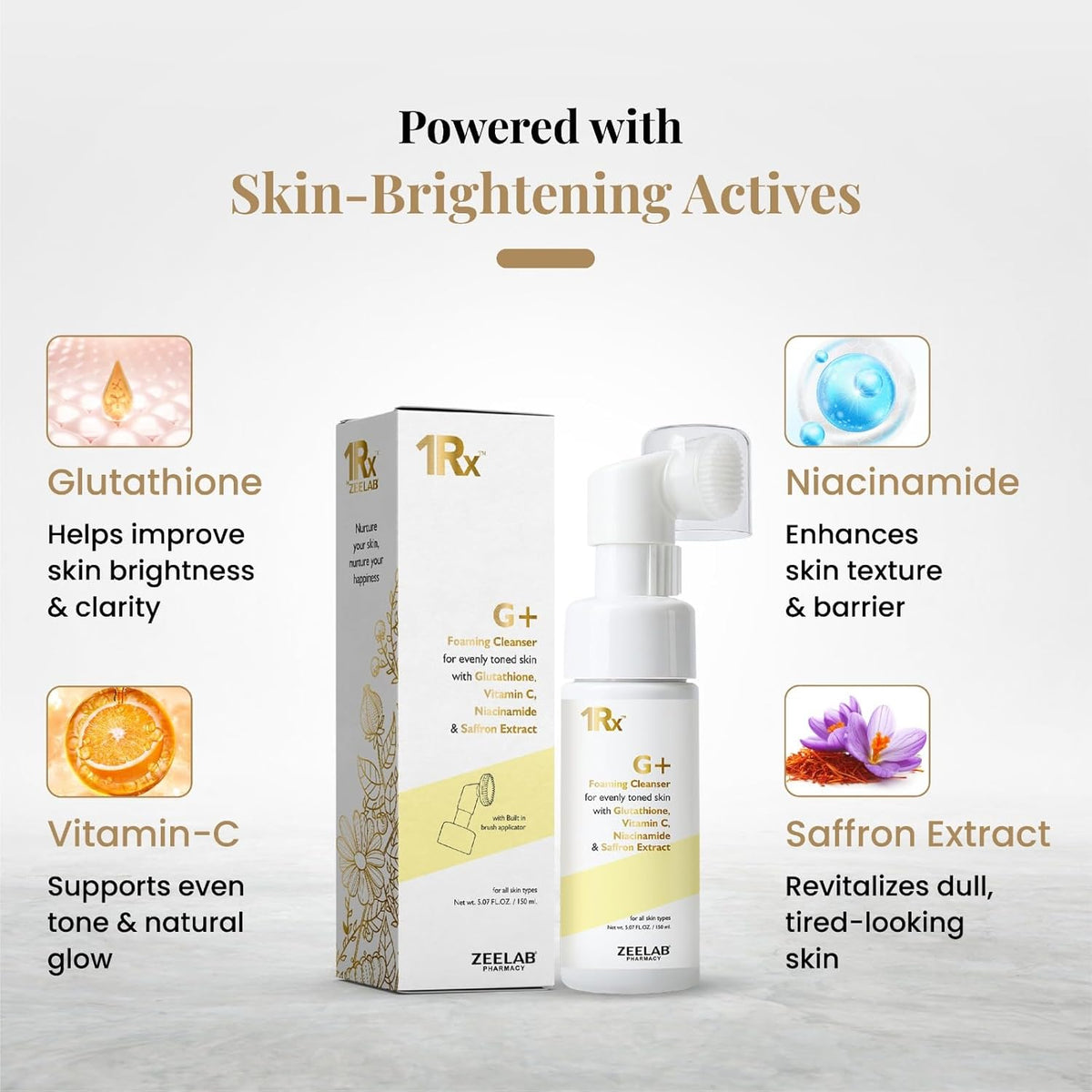 Skincare product with packaging and ingredients highlighted on a light gray background