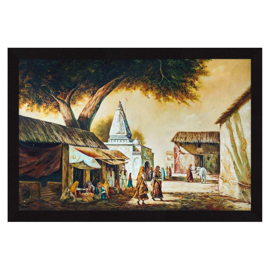 Rajasthani Village Scene Framed Wall Art Painting, Wall decor for living room, Multicolor, Nature, 18 x 12 inches, Set of 1