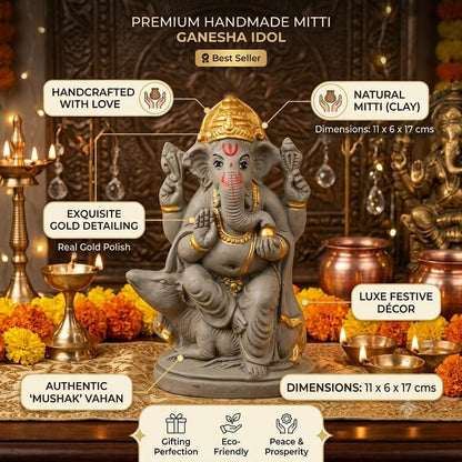 SAUDEEP INDIA Handmade Mitti Ganesh Idol with Real Gold Polish On Mukut | Eco-Friendly Handcrafted Mud/Clay Ganesh Murti | Ganpati Figurine for Visarjan | Biodegradable Mushak Ganesha Statue