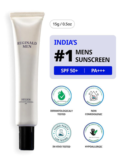 Tube of Reginald Men sunscreen with branding and product details on a white background