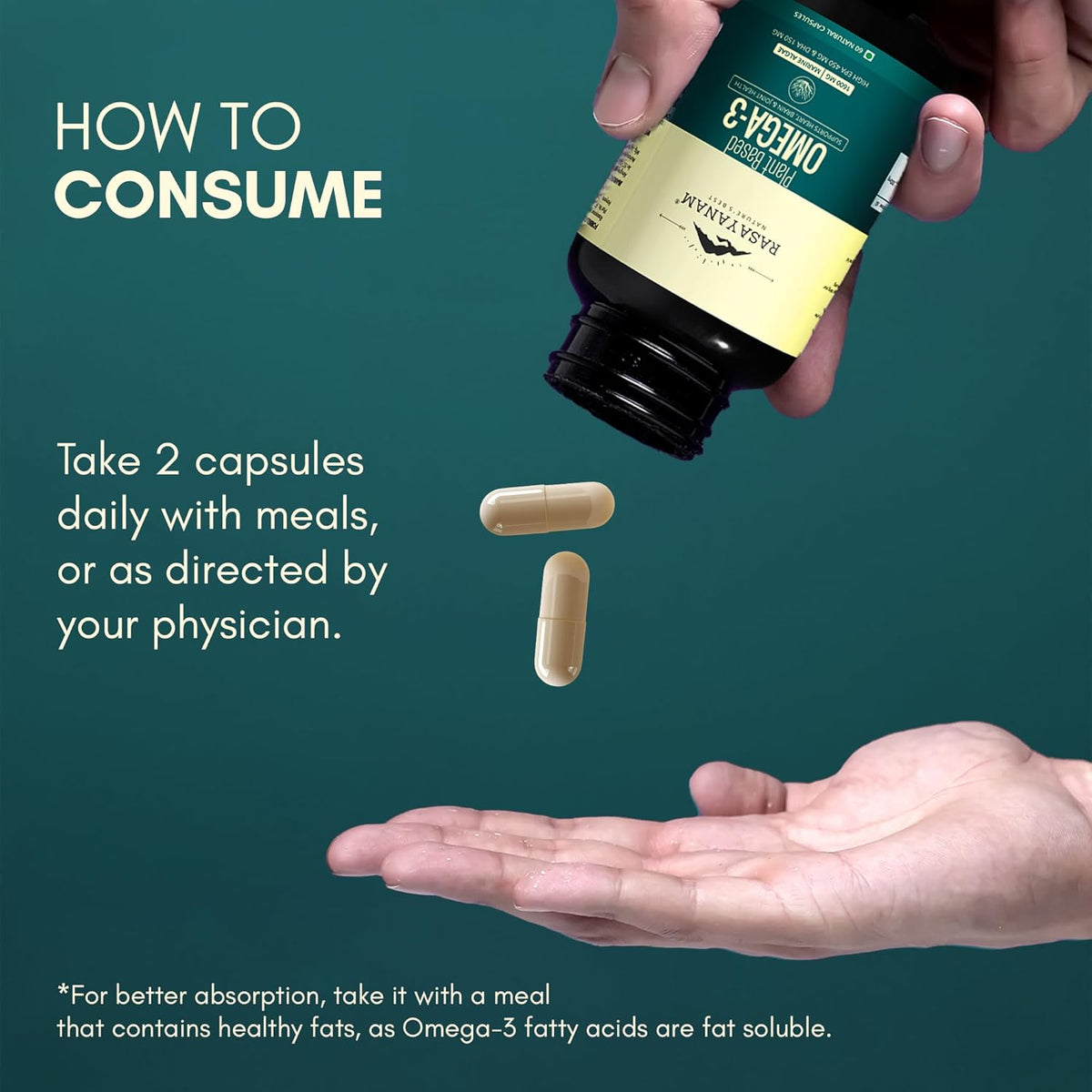 Vitamin bottle with capsules being poured onto an open palm against a teal background