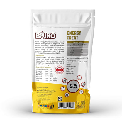 BAIRO Energy Treats Mixed Flavour Chicken, Spinach, Milk and Calcium, High Protein with Added Essential Nutrients for All Breed Dogs, 125 g Pack