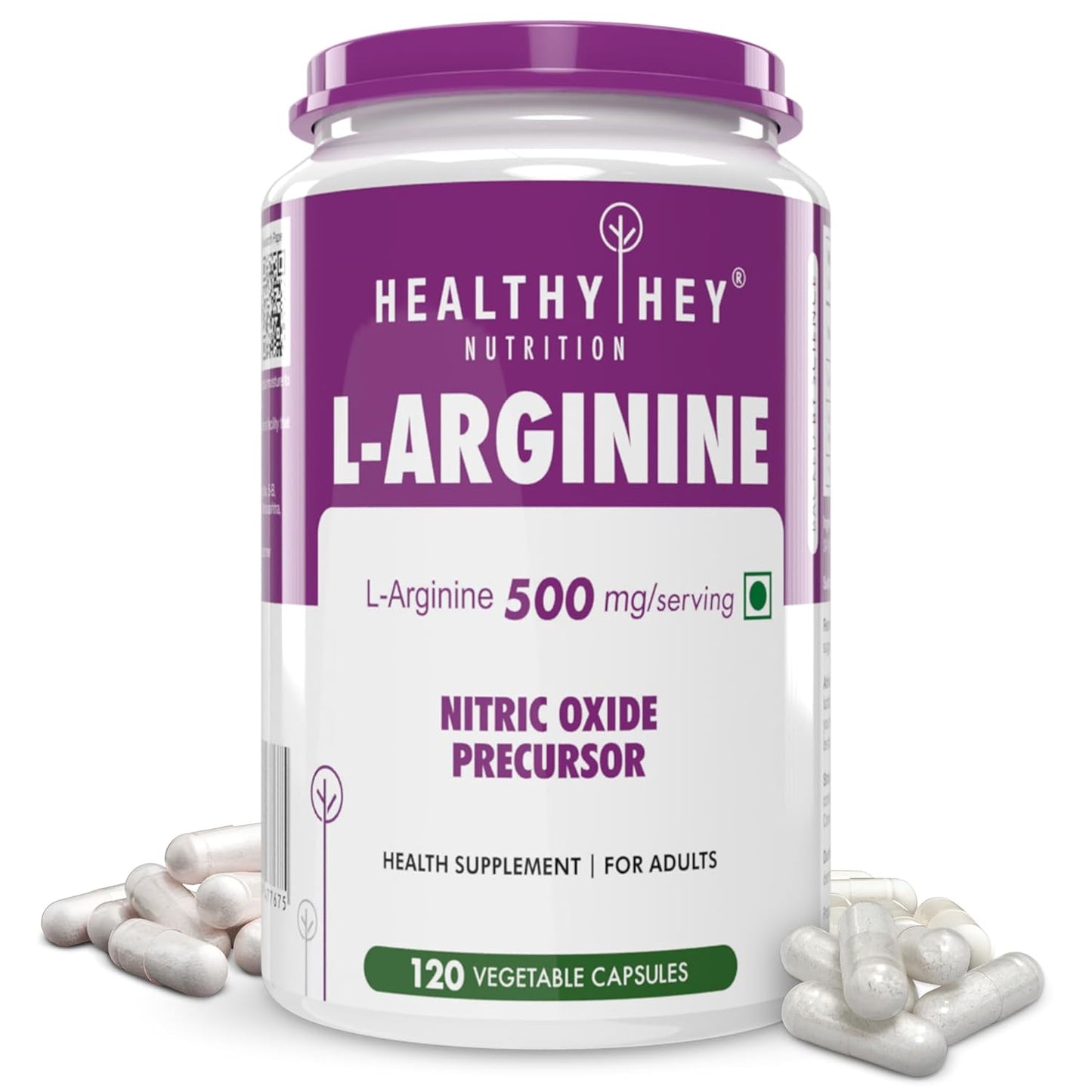 Supplement container labeled 'L-Arginine' by Healthy Hey Nutrition on a white background