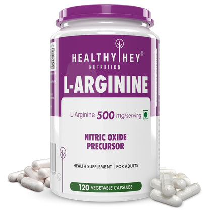 Supplement container labeled 'L-Arginine' by Healthy Hey Nutrition on a white background