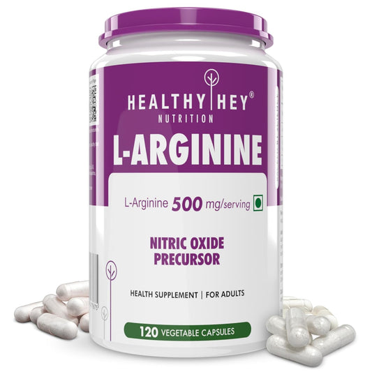 Supplement container labeled 'L-Arginine' by Healthy Hey Nutrition on a white background