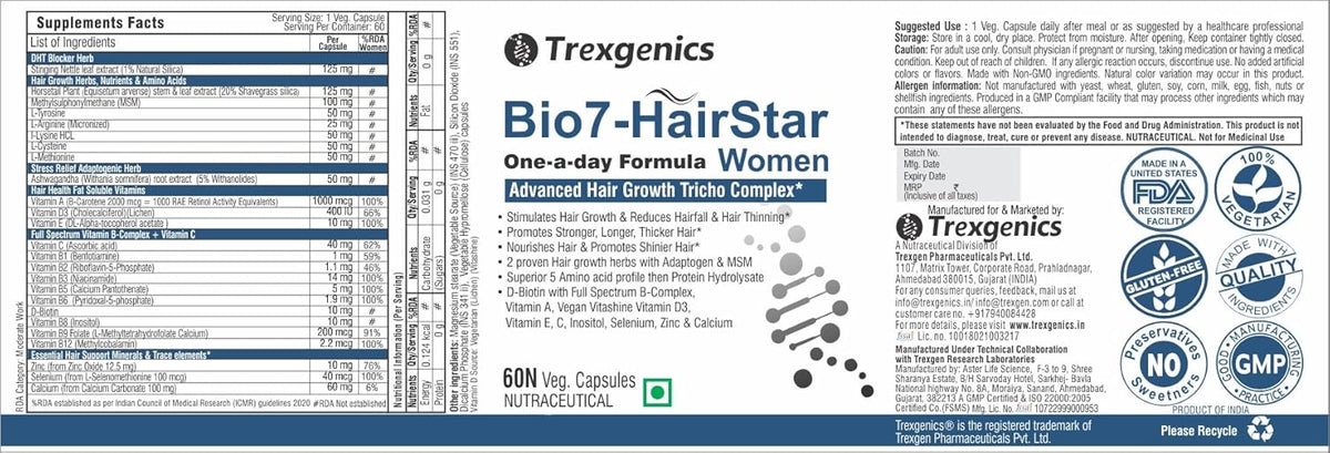 Trexegenics Bio7-HairStar supplement label for women with nutritional information and branding.