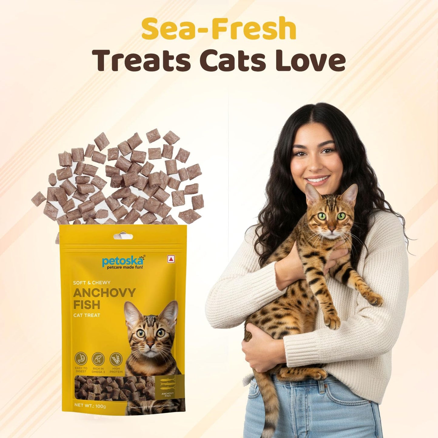 Petoska Anchovy Fish Cat Treats - 100g | Air-Dried Real Anchovy Bites with Taurine & Omega-3 | Chewy High-Protein Snack for Shiny Coat, Heart Support & Weight Control | for Kittens & Adult Cats