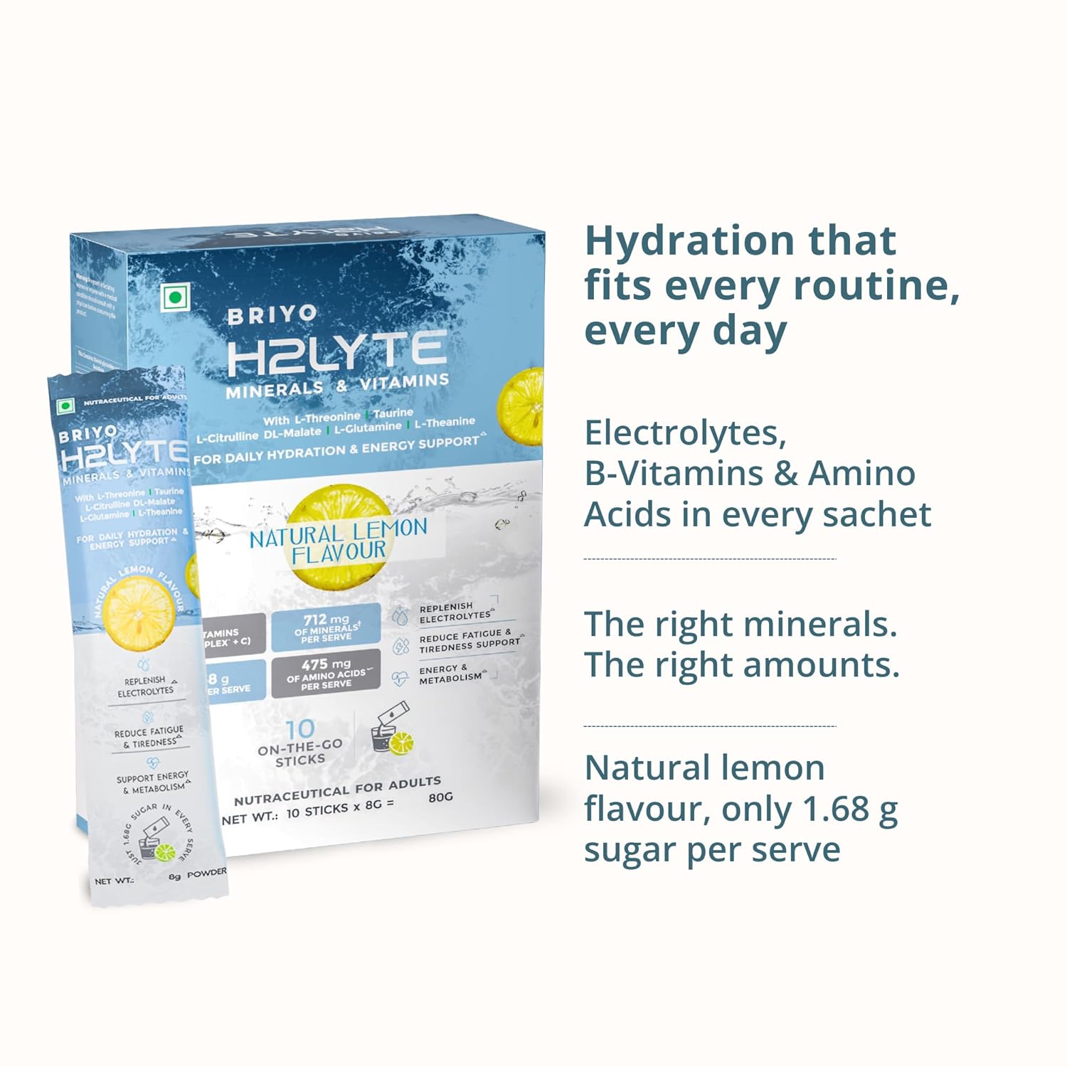 Briyo H2LYTE minerals and vitamins packaging with lemon flavor on a white background