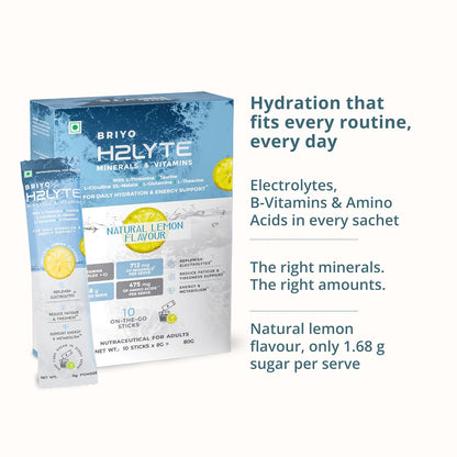 Briyo H2LYTE minerals and vitamins packaging with lemon flavor on a white background