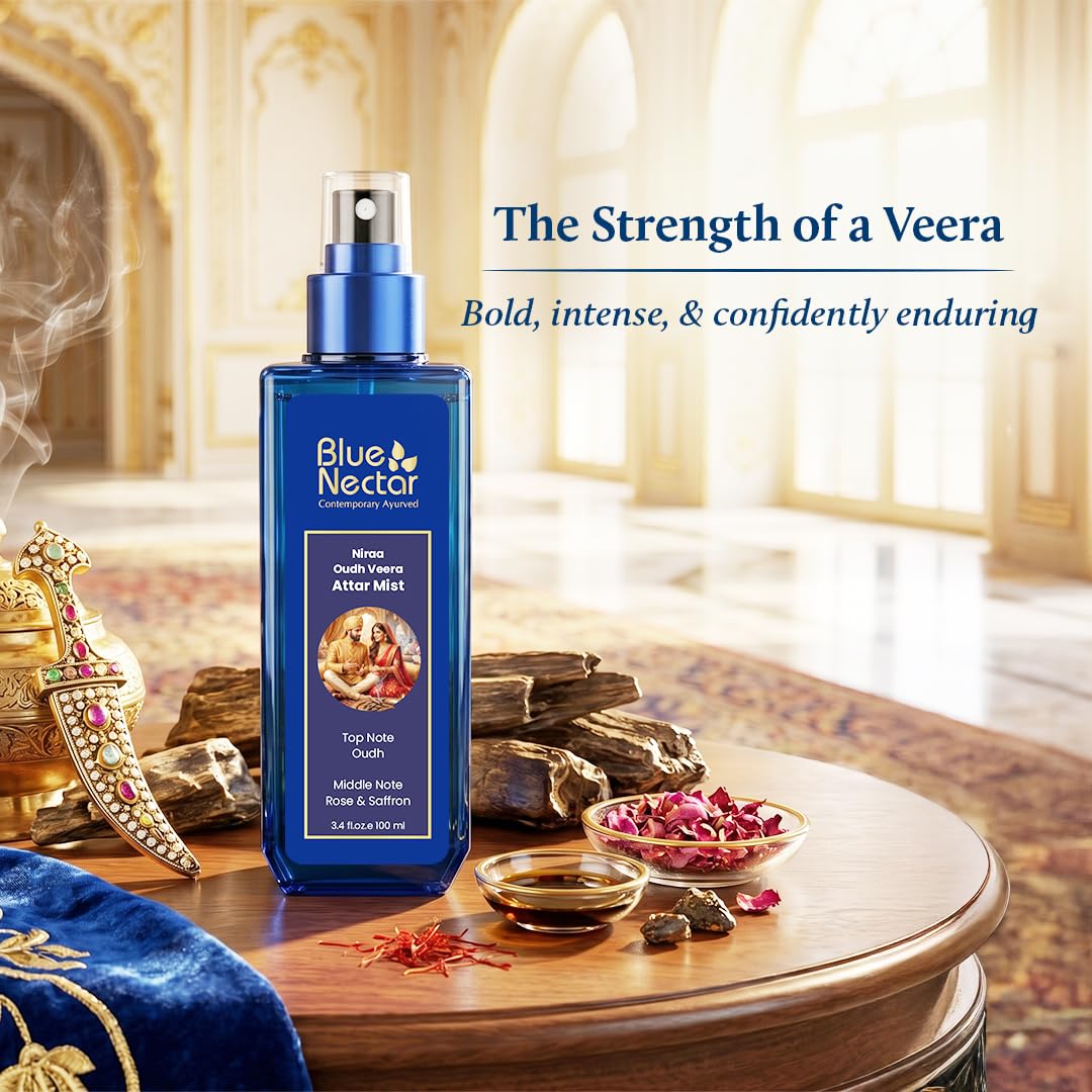 Blue Nectar Niraa Oudh Veera Attar Mist | Perfume Mist for Men & Women | Long-Lasting Oudh Attar with Rose & Saffron | Woody Body Mist Spray | Travel-Friendly (100 ml)