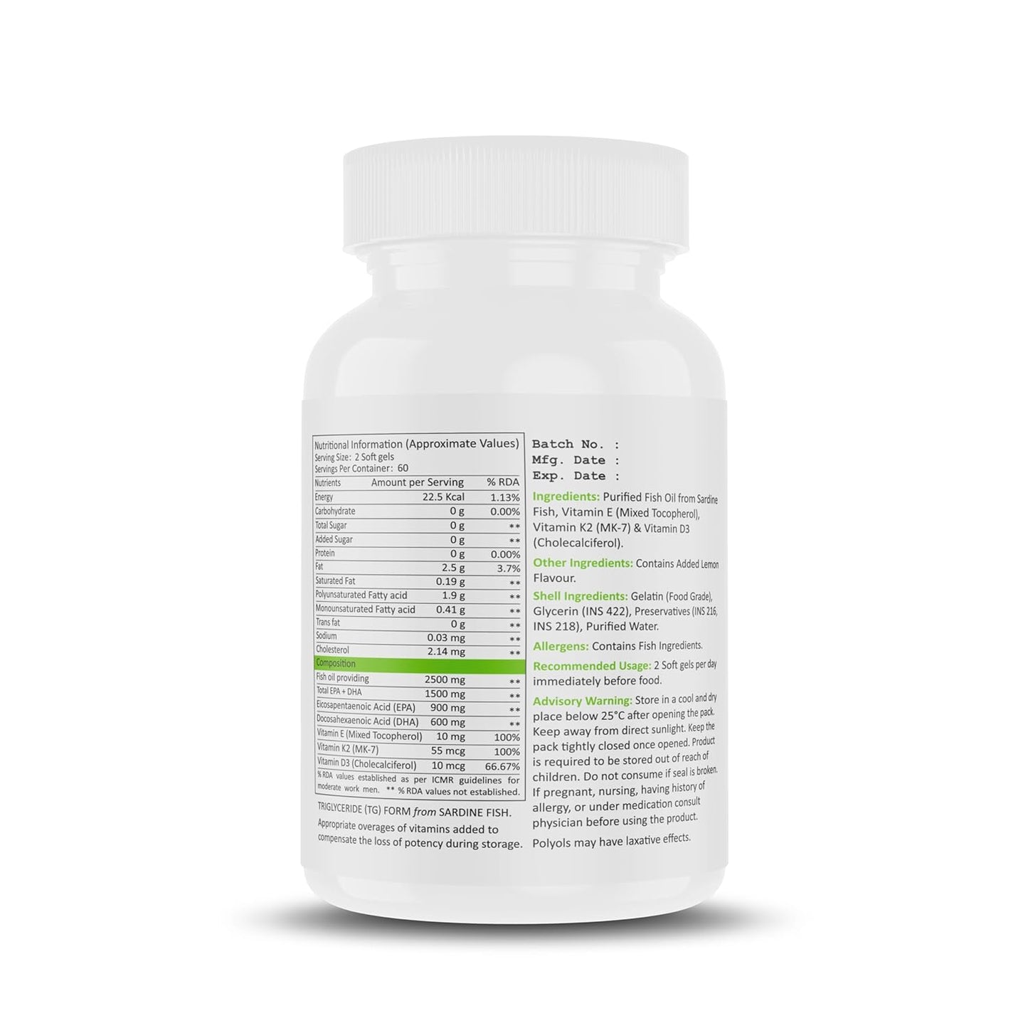 Muscle Nectar Omega 3 Fish Oil Triple Strength, 2500mg (1500mg EPA/DHA), Triglyceride (TG) Form (120 Softgels)