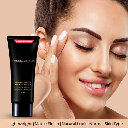 FACESCANADA Weightless Matte Finish Foundation - Medium Natural, 15ml | Lightweight | Natural Finish | Anti-Ageing | Non-Clog Pores | Enriched With Olive Seed Oil, Grape Extract, Shea Butter