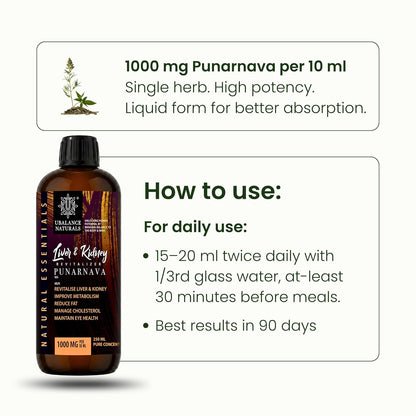 Liver & Kidney Revitalizer | Detox Support 250 ML I Liquid Ayurvedic Punarnava | Supports Liver & Kidney Health, Fluid Balance, Detox & Less Bloating | Men & Women