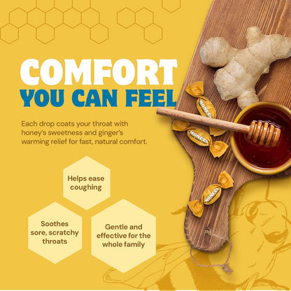 Honees Filled Honey Ginger Drops, Natural Cough Drops- Pure Ginger Sore Throat Relief - Nothing Artificial -Throat Coat Lozenges, Natural Cough Suppressant, Non-GMO, Gluten Free (1 Pack – 20 Drops)