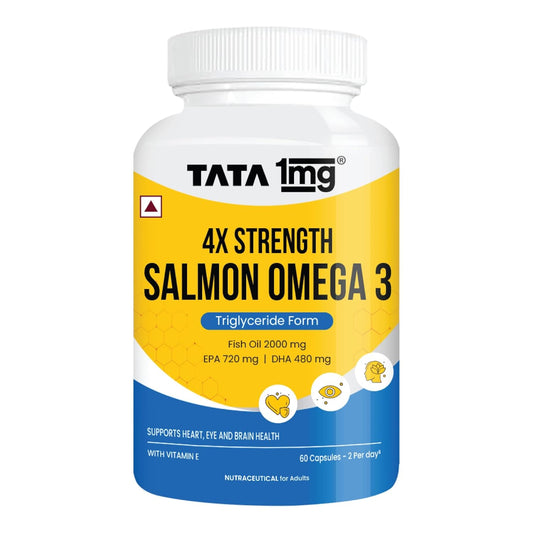 Tata 1mg Salmon 4X Omega | Omega-3 Fish Oil for Heart, Eye & Brain Health | 2000 mg Salmon Fish Oil, 720 mg EPA, 480 mg DHA | 60 Capsules